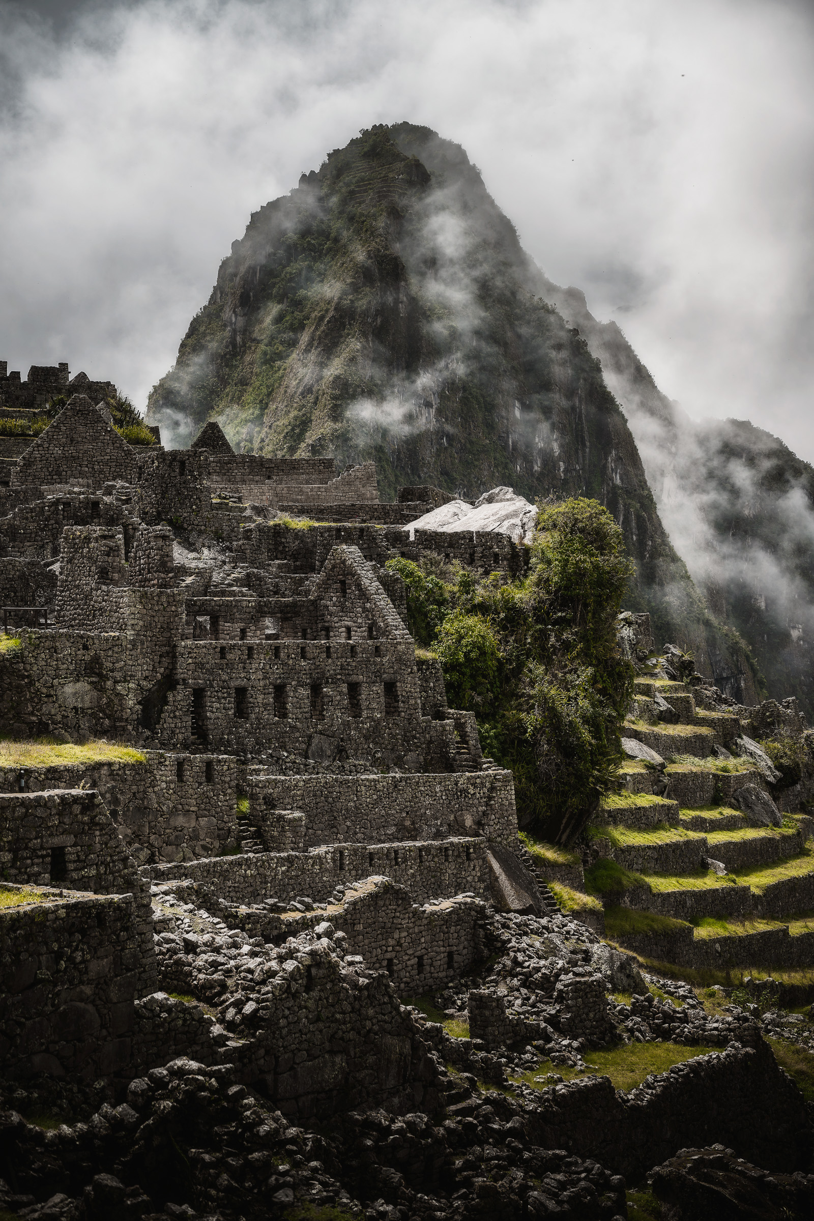 Machu Picchu terraces beneath a steep peak wrapped in clouds