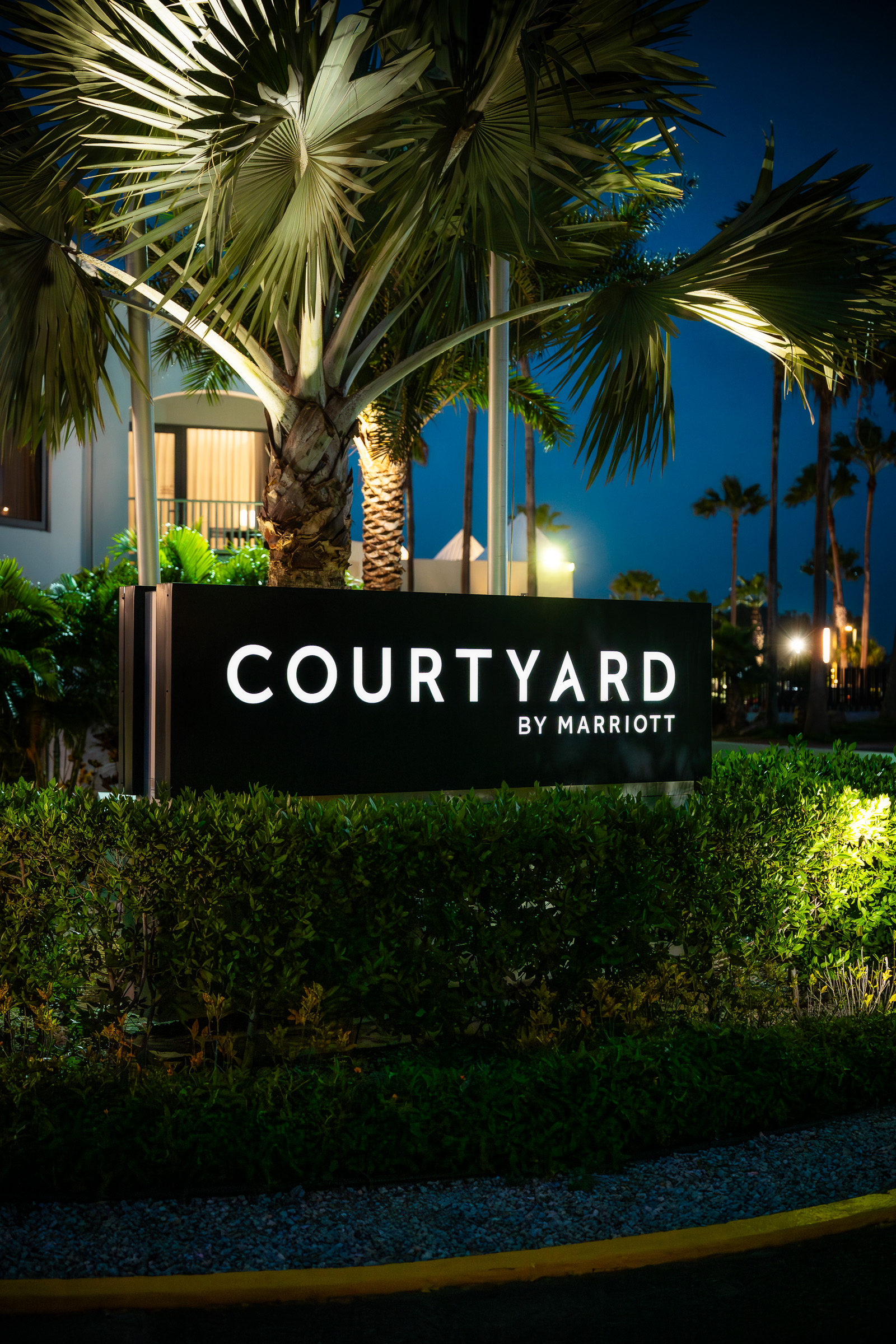 Illuminated Courtyard by Marriott sign surrounded by tropical plants