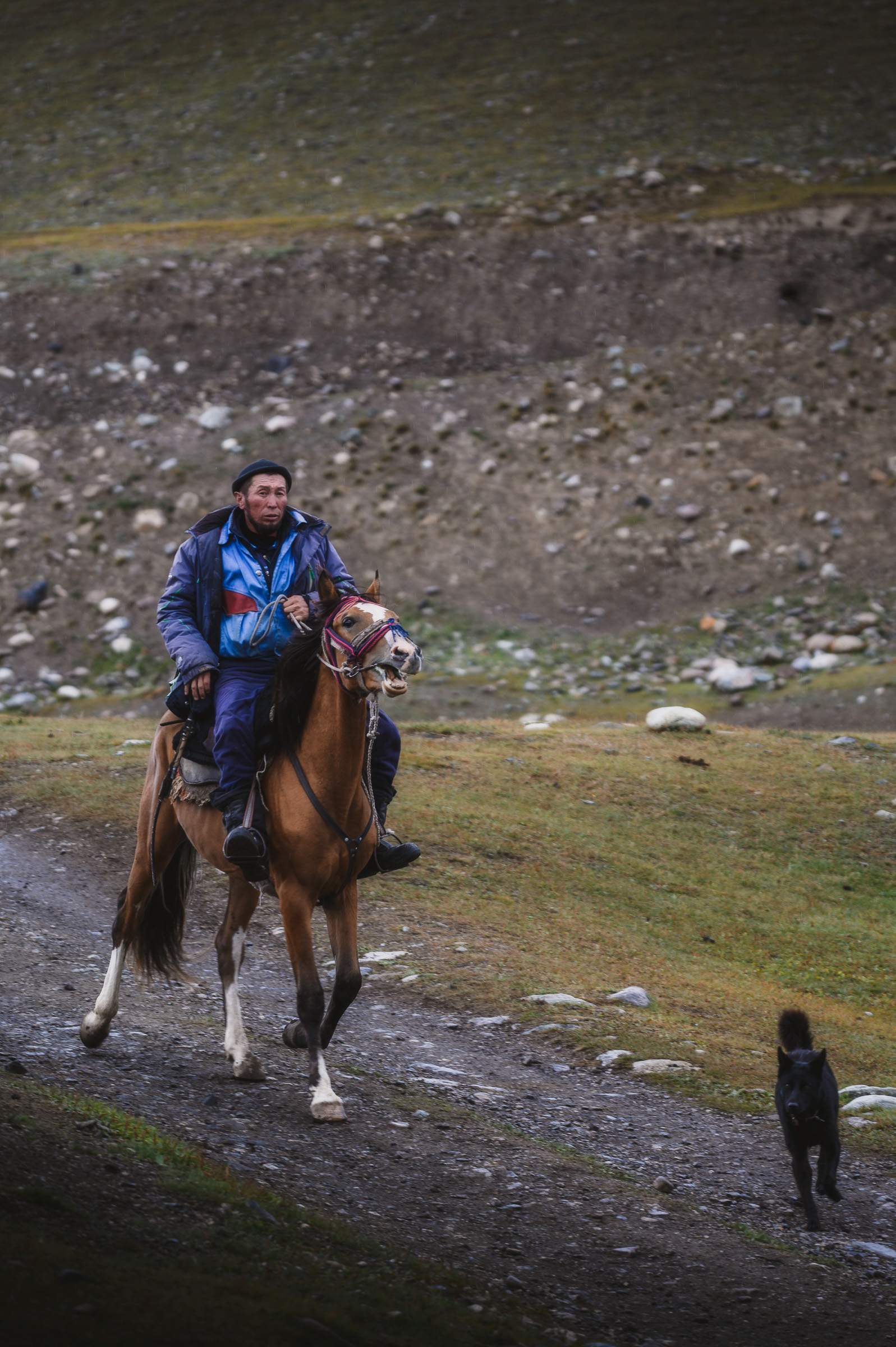 Horseman descending a rocky trail in the Kyrgyz highlands