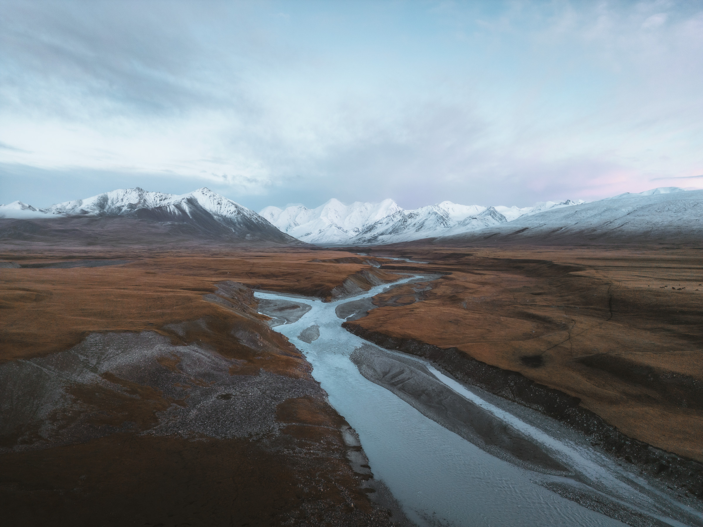 Braided river leading across the steppe toward snowy peaks