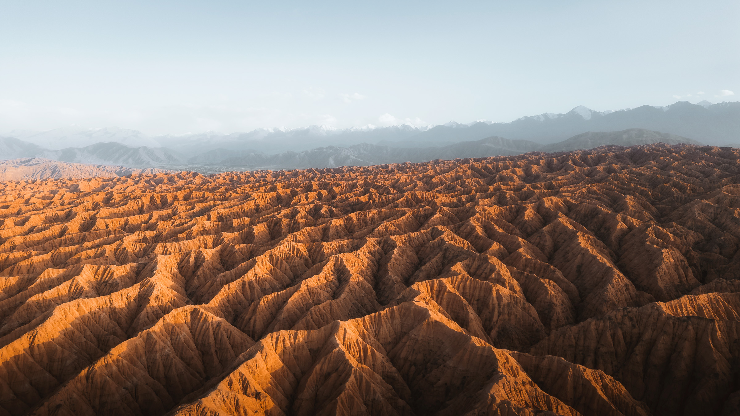 Orange badlands extending toward a distant mountain range