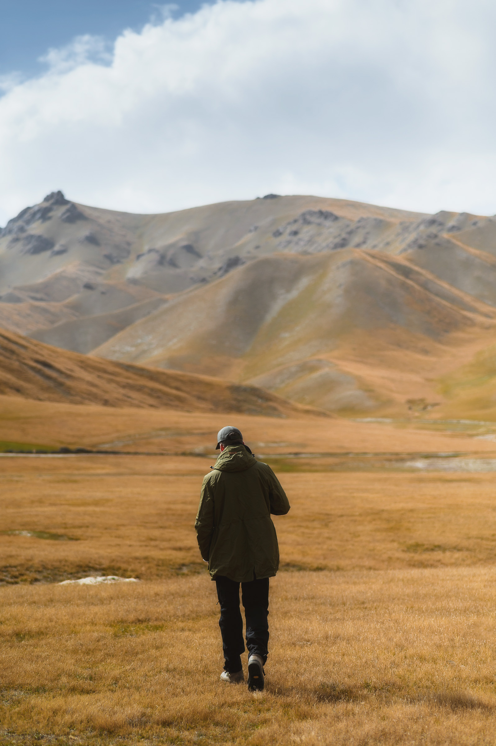 Traveler walking across an open highland plain