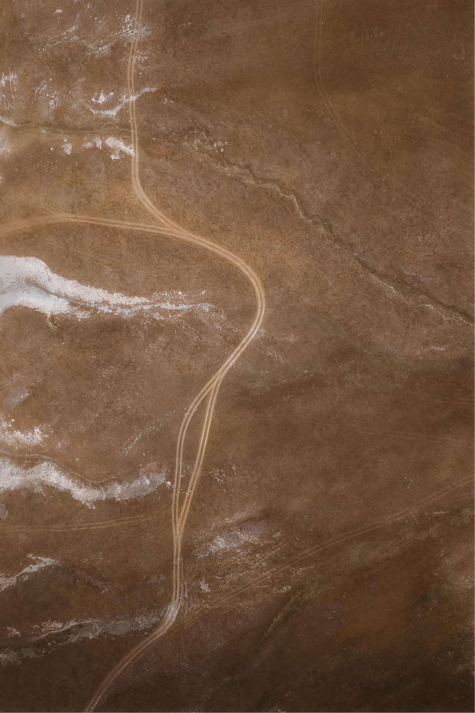 Aerial view of dirt tracks crossing the brown steppe