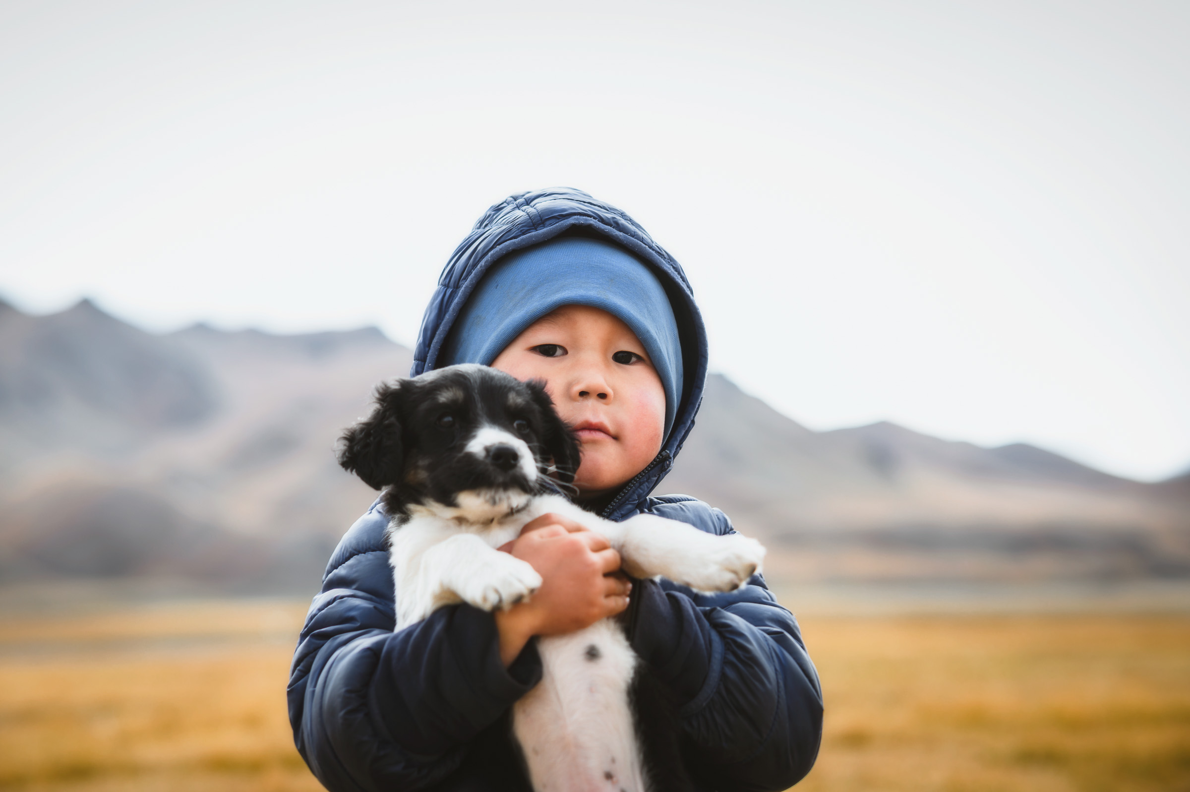 Young child in a blue hat hugging a black-and-white puppy