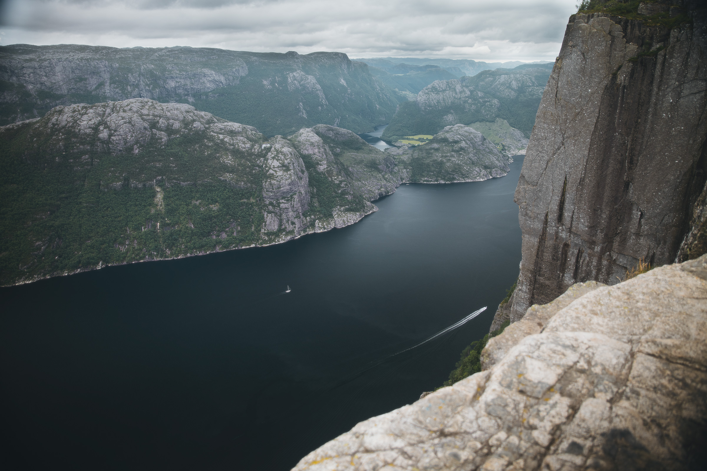 Lysefjord seen from the edge of Preikestolen beneath low clouds