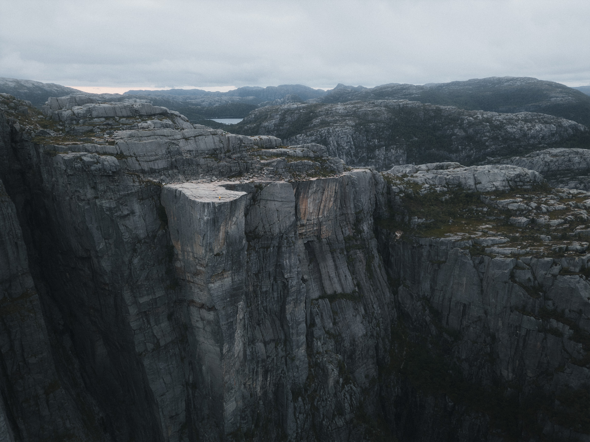 Preikestolen towering above Lysefjord in an aerial view