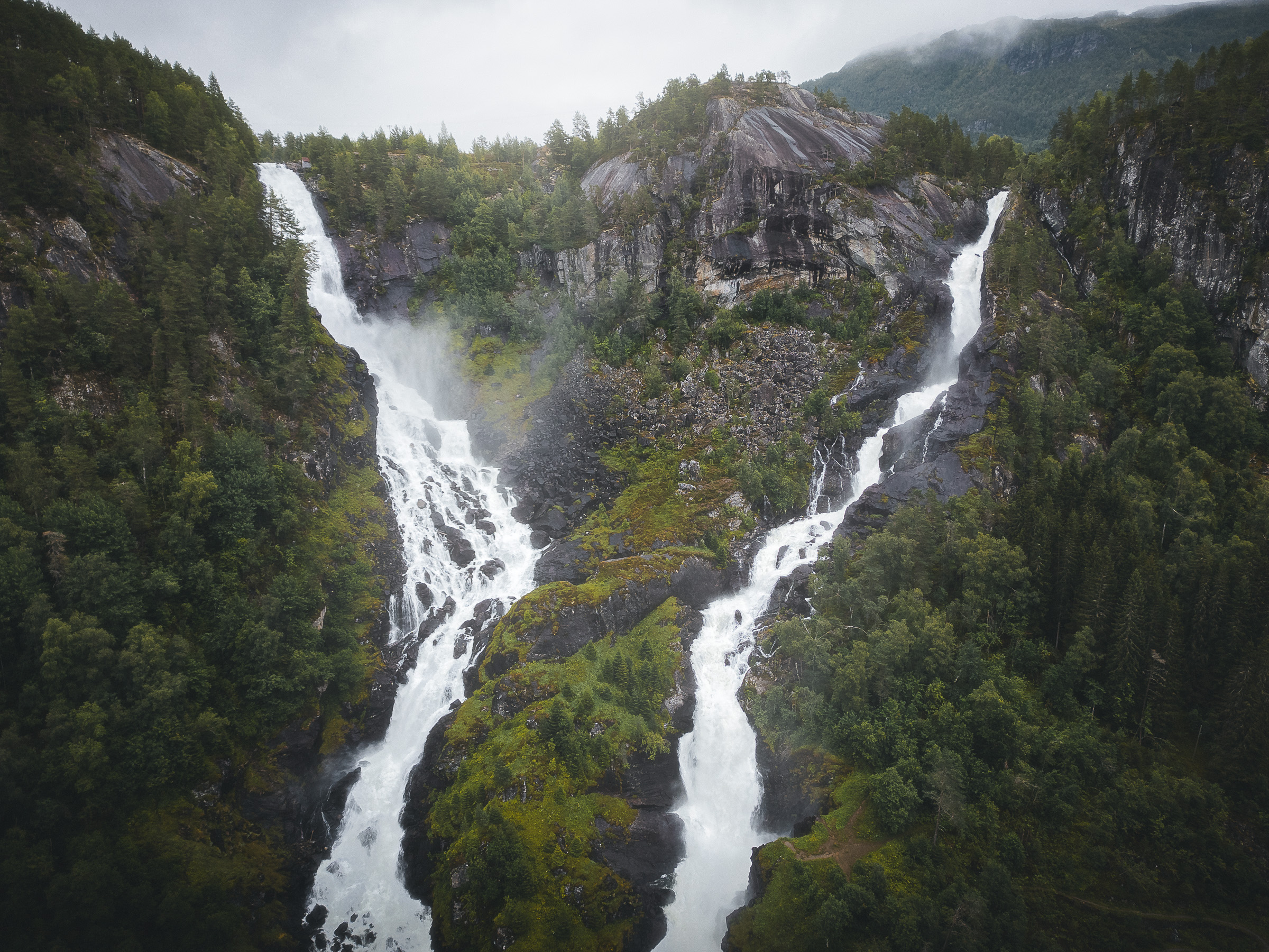Twin waterfalls cascading through a wooded mountainside