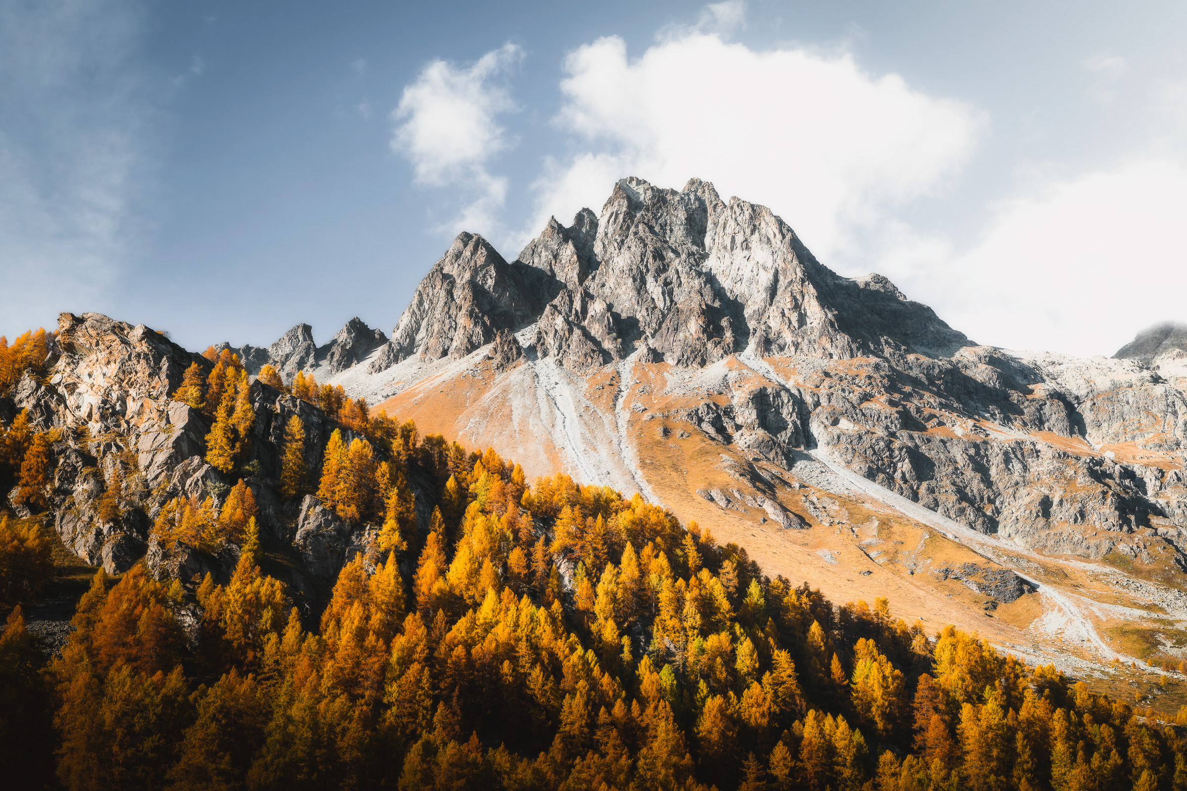 Jagged Swiss mountain peak rising above golden larches