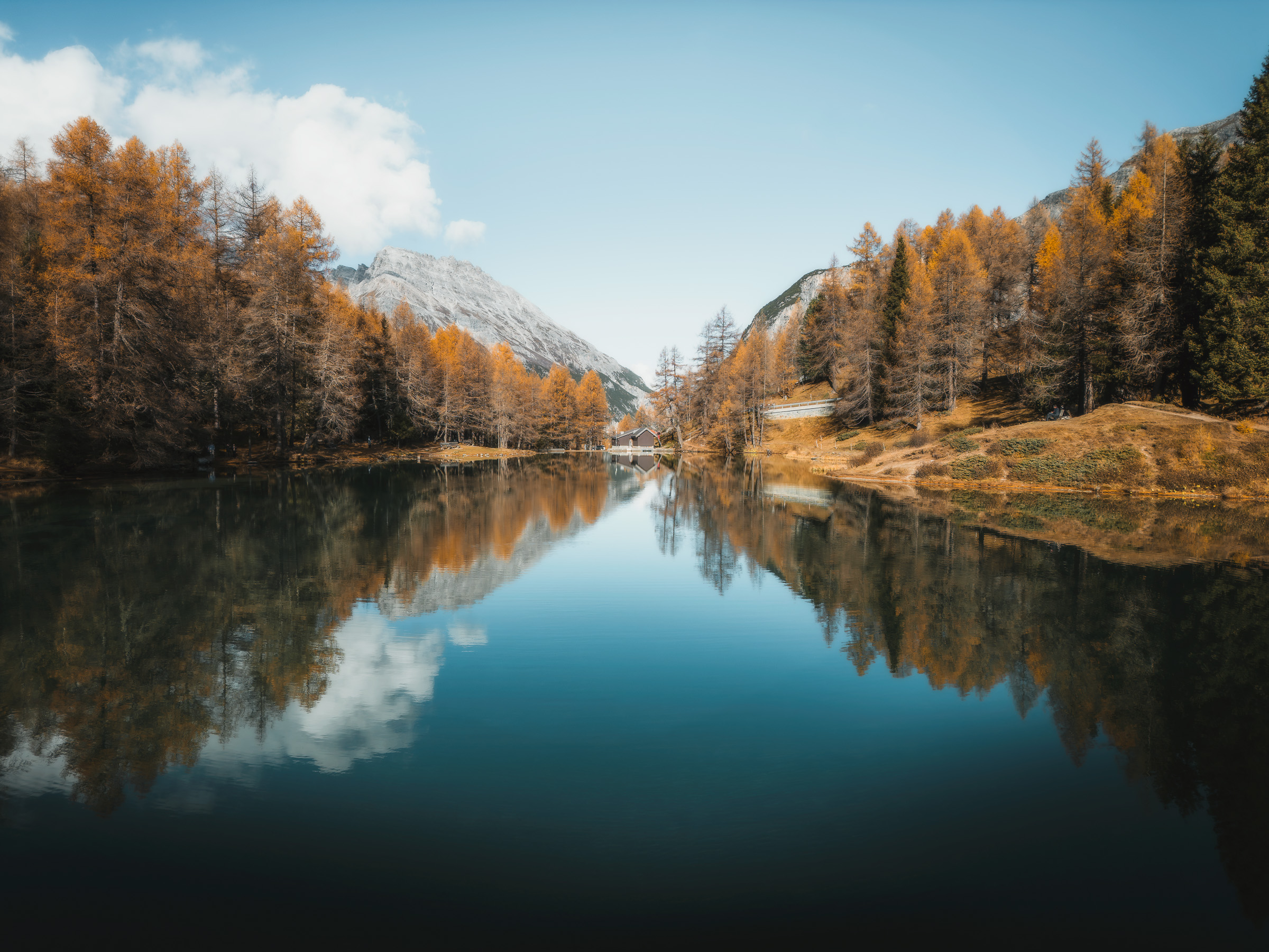 Snowy mountains and golden larches reflected in a still lake