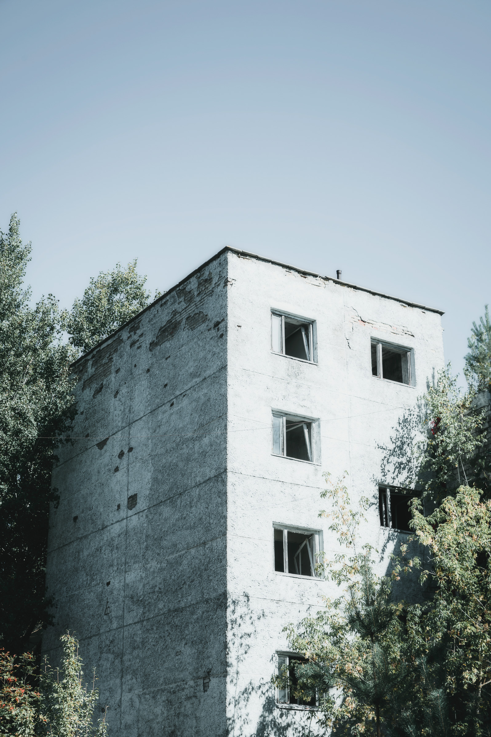 Isolated abandoned apartment block surrounded by forest