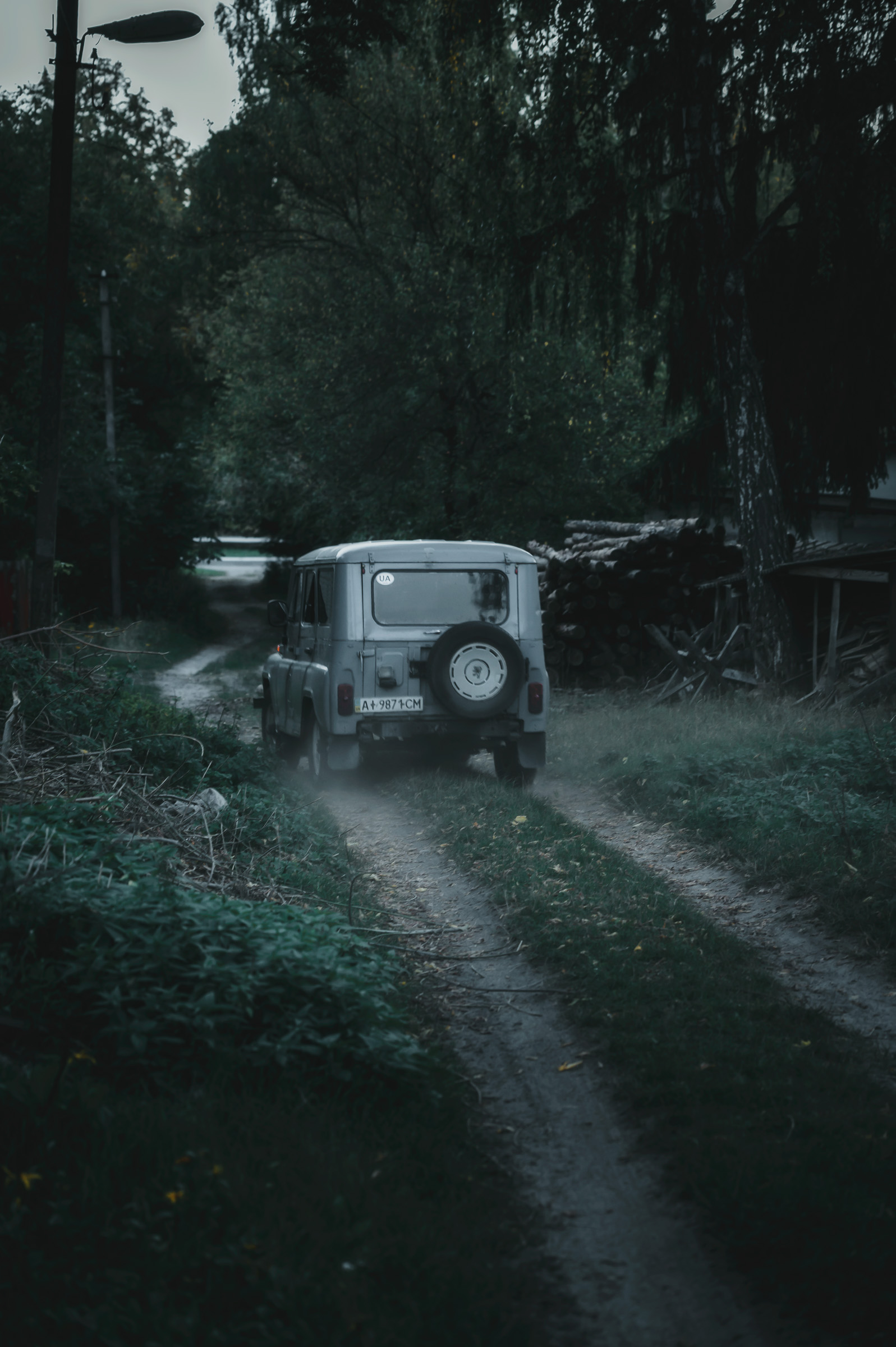 Off-road vehicle following a narrow forest track