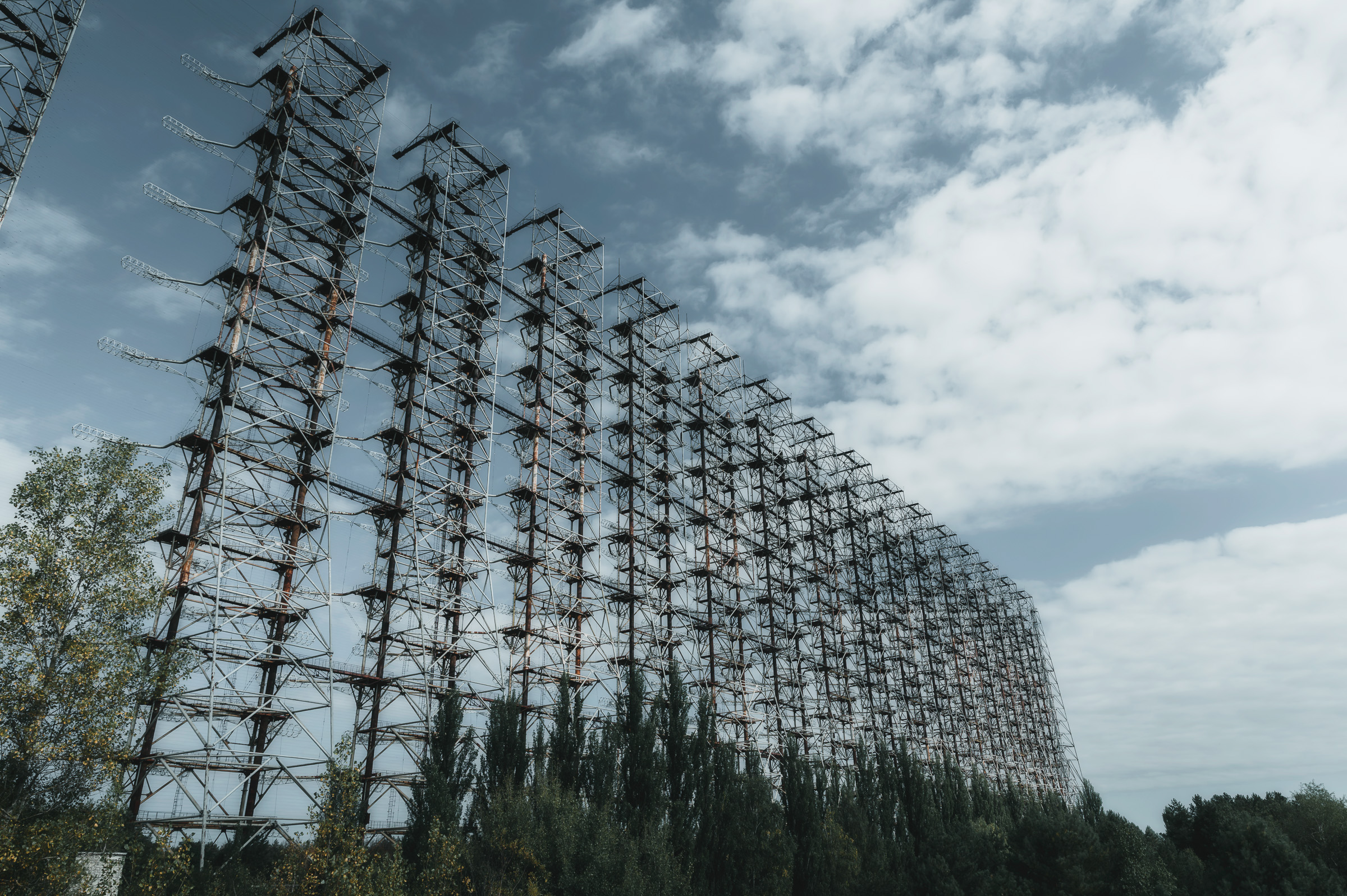 Vast Duga radar array beneath a dramatic cloudy sky