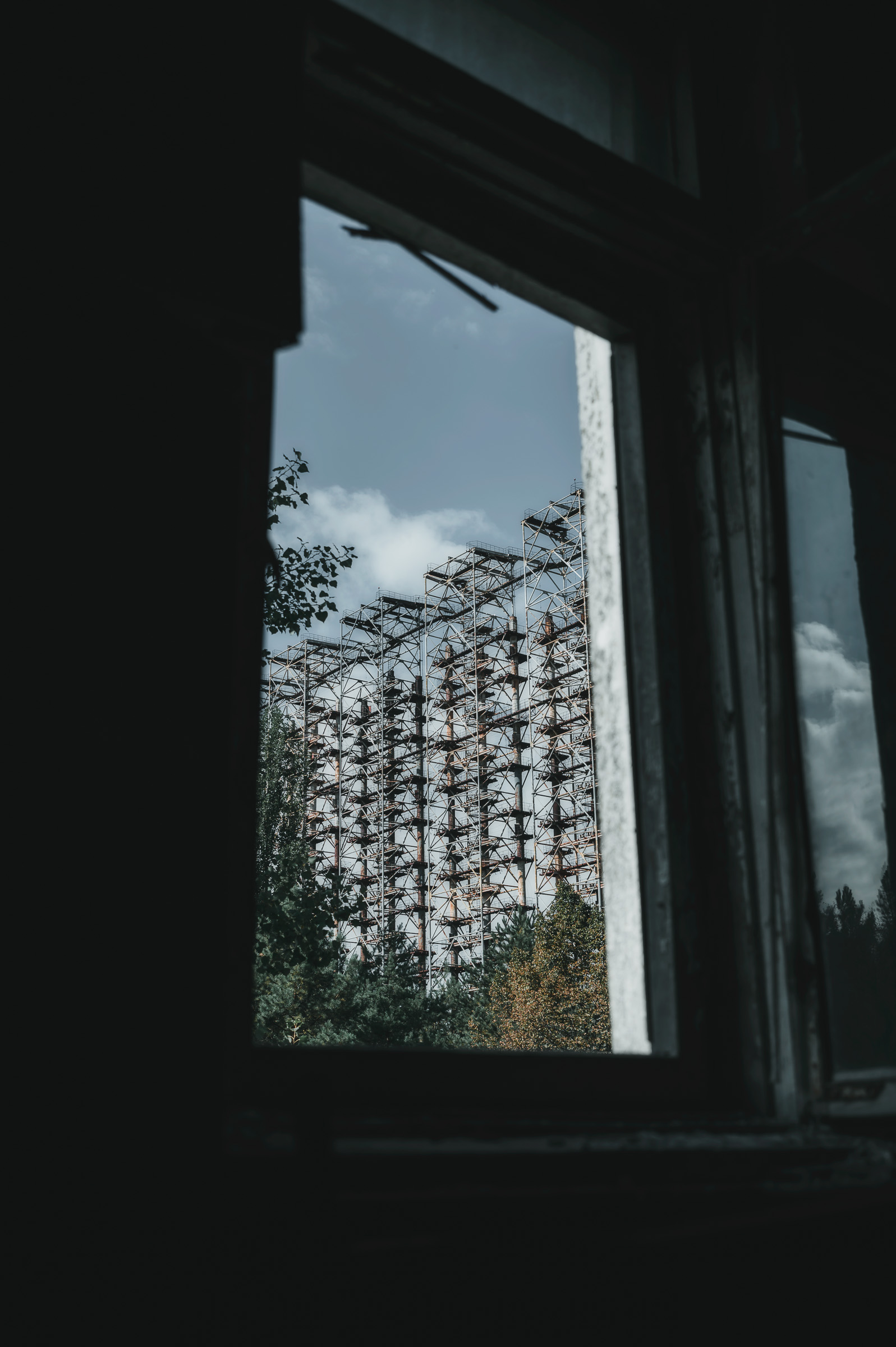 Duga radar structure seen through a broken window