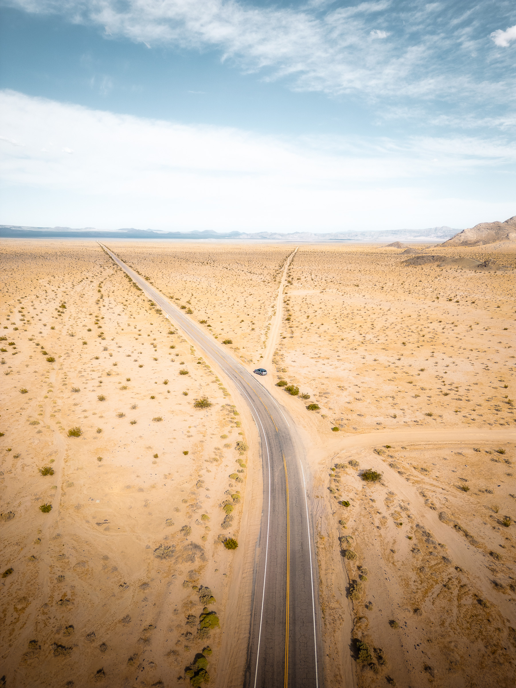 Straight road disappearing across a wide desert plain
