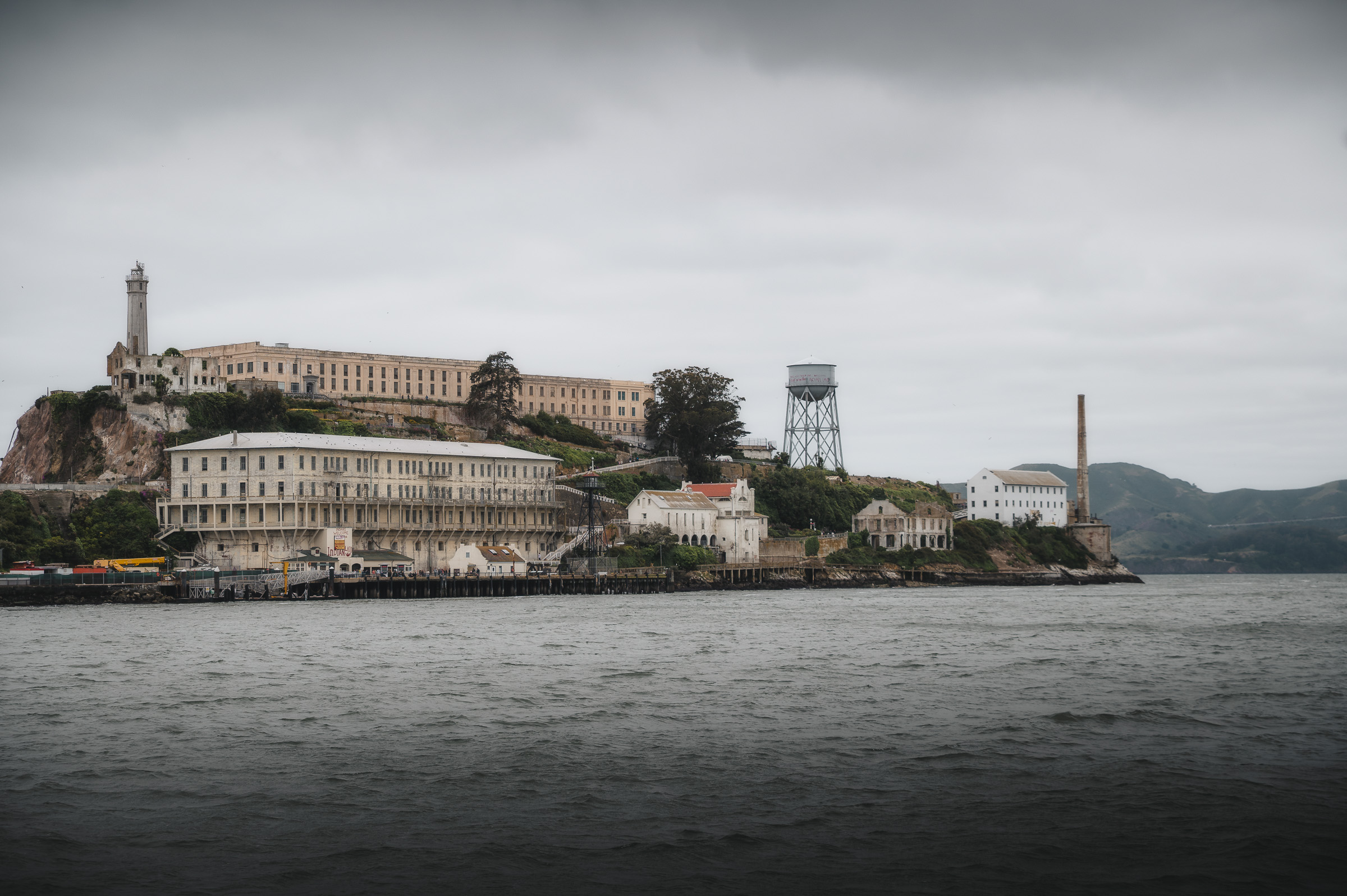 Alcatraz Island beneath an overcast sky in San Francisco Bay