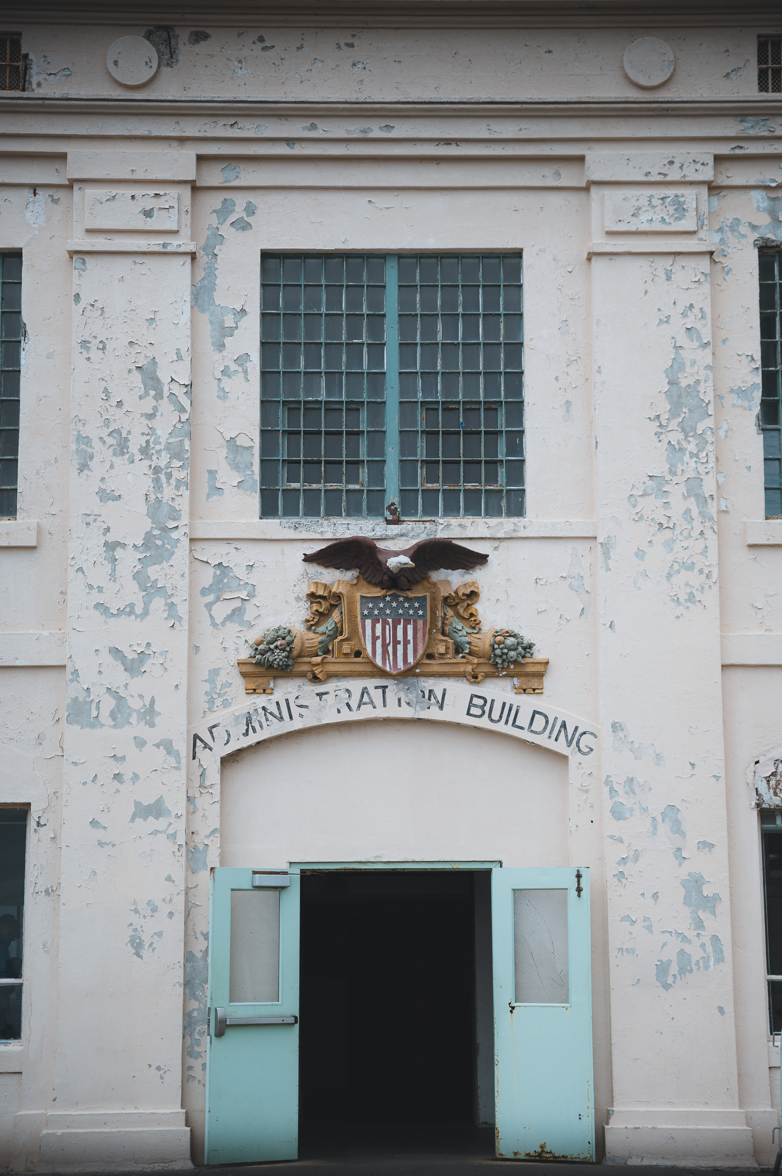 Weathered entrance to the New Industries Building on Alcatraz Island