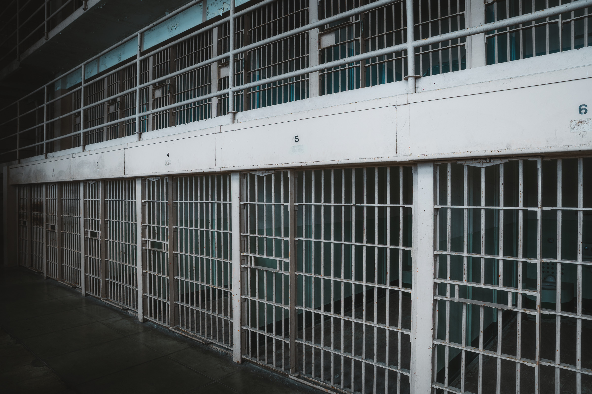 Rows of empty prison cells inside Alcatraz