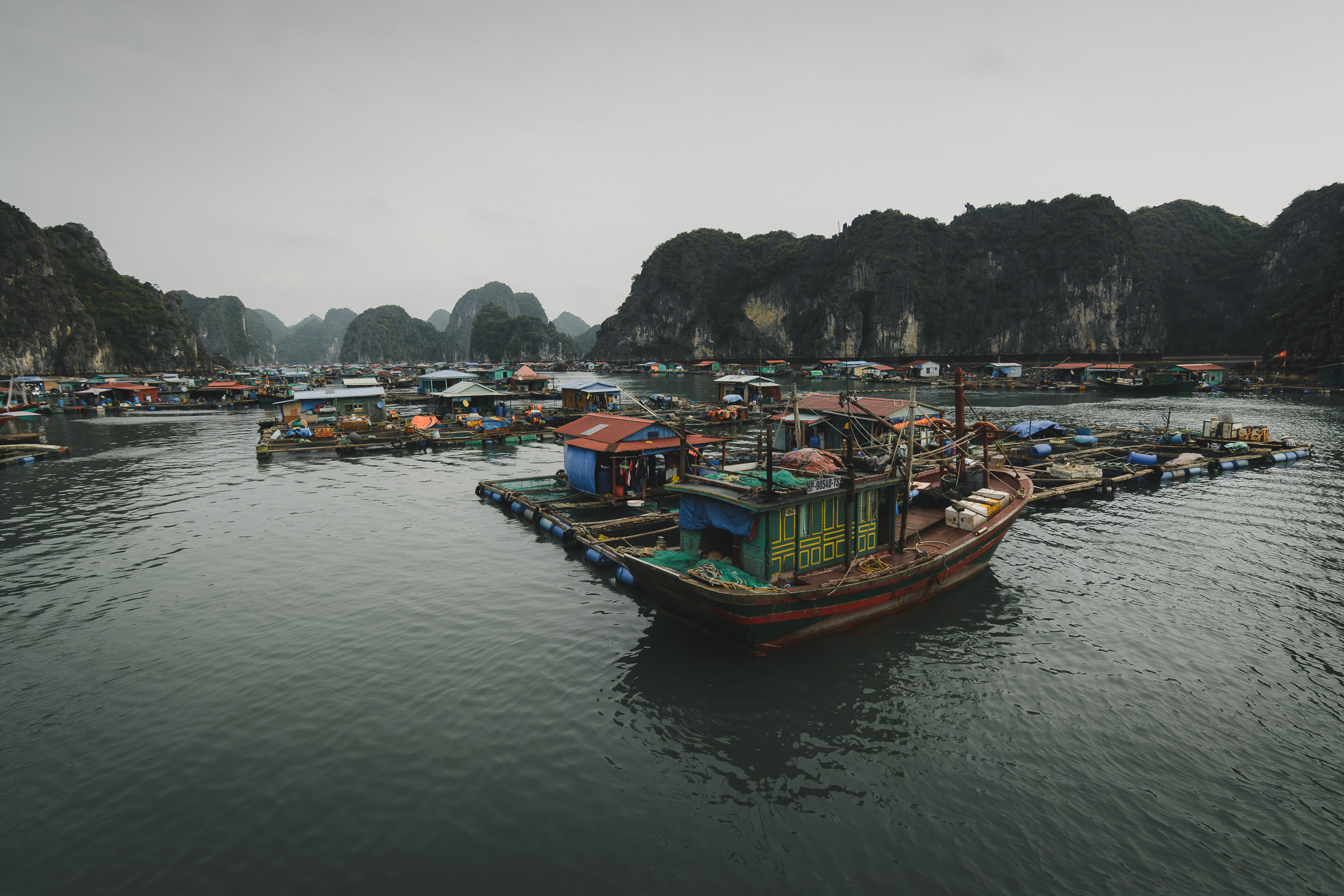 Colorful fishing boats in a harbor surrounded by limestone karsts